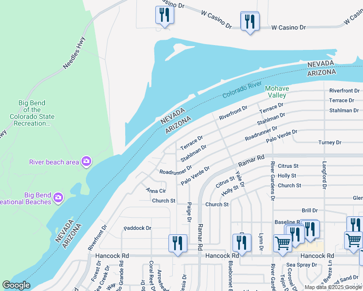map of restaurants, bars, coffee shops, grocery stores, and more near 514 Riverfront Drive in Bullhead City