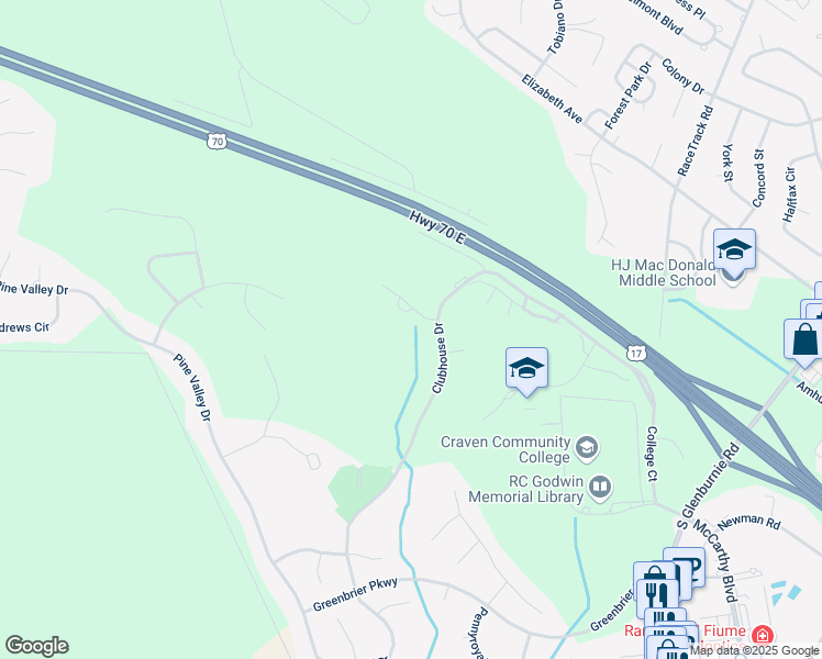 map of restaurants, bars, coffee shops, grocery stores, and more near 301 Augusta Court in New Bern