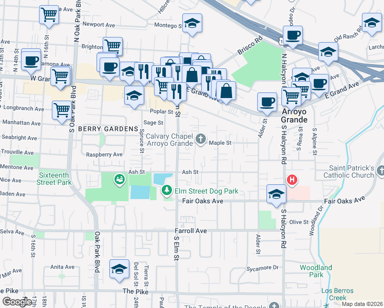 map of restaurants, bars, coffee shops, grocery stores, and more near in Arroyo Grande