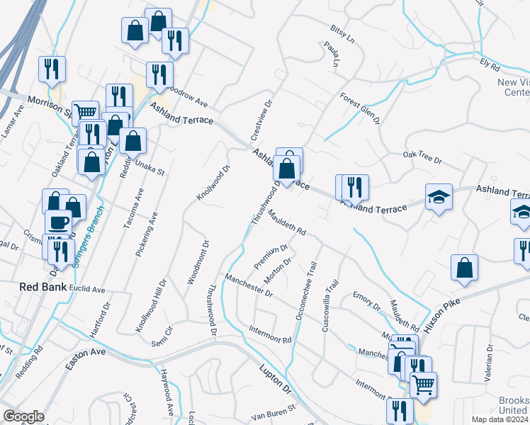 map of restaurants, bars, coffee shops, grocery stores, and more near 3756 Thrushwood Drive in Chattanooga