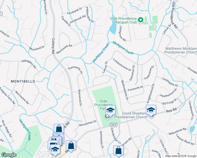 map of restaurants, bars, coffee shops, grocery stores, and more near 6511 Windyrush Road in Charlotte