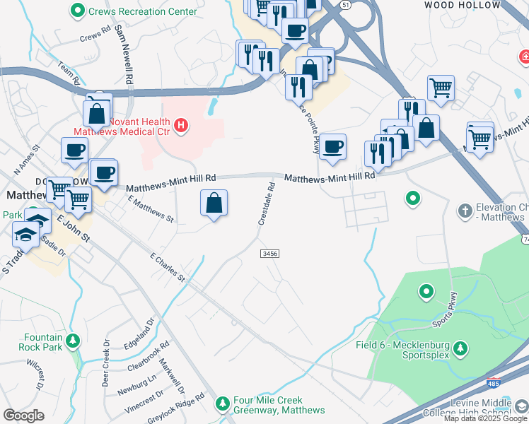 map of restaurants, bars, coffee shops, grocery stores, and more near 600-764 Crestdale Road in Matthews