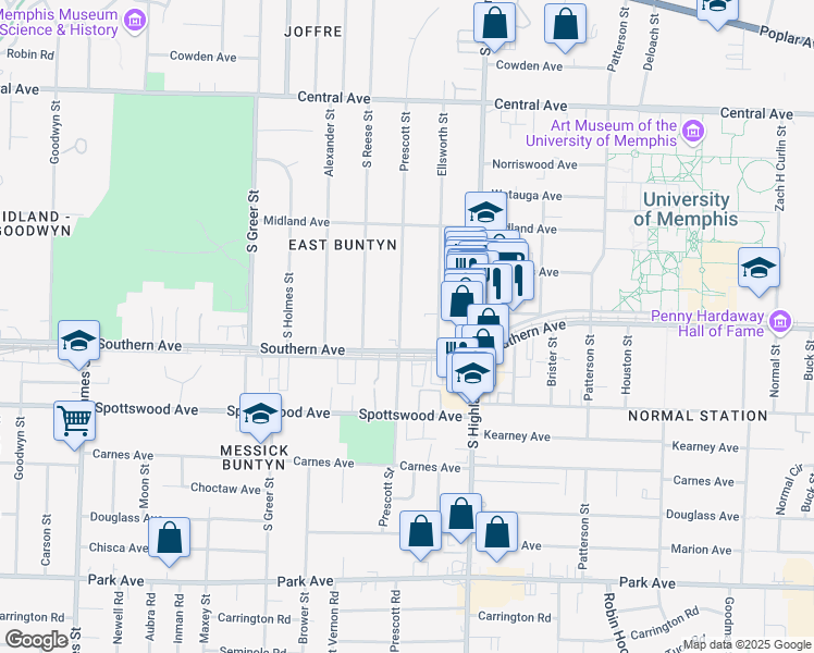 map of restaurants, bars, coffee shops, grocery stores, and more near 574 Prescott Street in Memphis