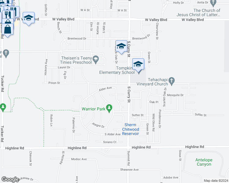 map of restaurants, bars, coffee shops, grocery stores, and more near 1269 Alder Avenue in Tehachapi