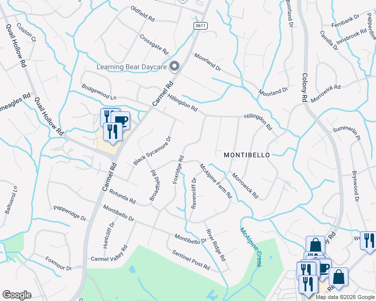 map of restaurants, bars, coffee shops, grocery stores, and more near 3226 Foxridge Road in Charlotte