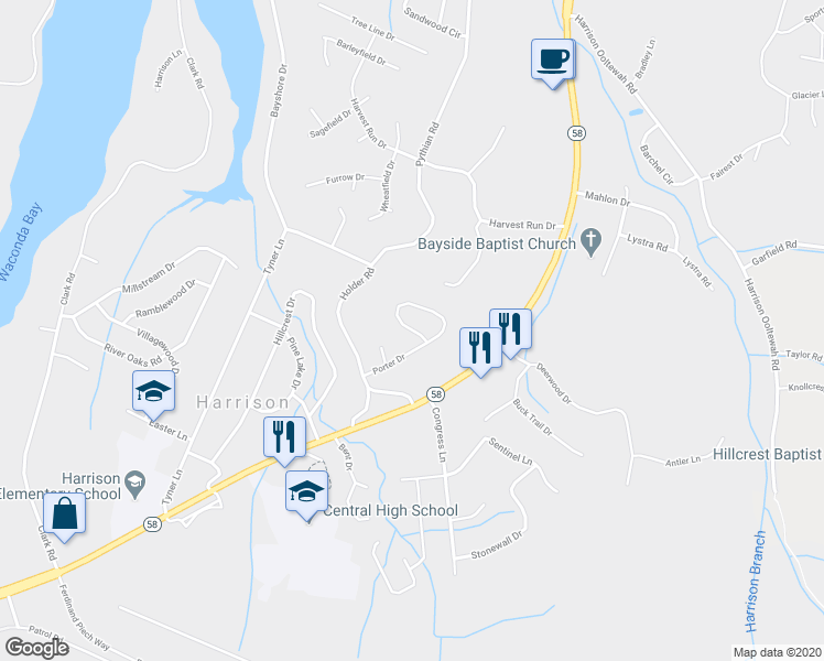 map of restaurants, bars, coffee shops, grocery stores, and more near 6038 Porter Drive in Harrison