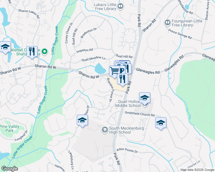 map of restaurants, bars, coffee shops, grocery stores, and more near 2555 Stockbridge Drive in Charlotte