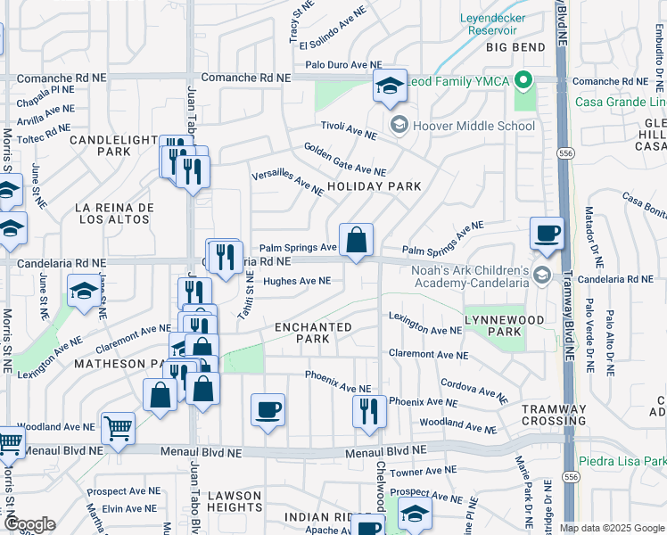 map of restaurants, bars, coffee shops, grocery stores, and more near 11716 Palm Springs Avenue Northeast in Albuquerque