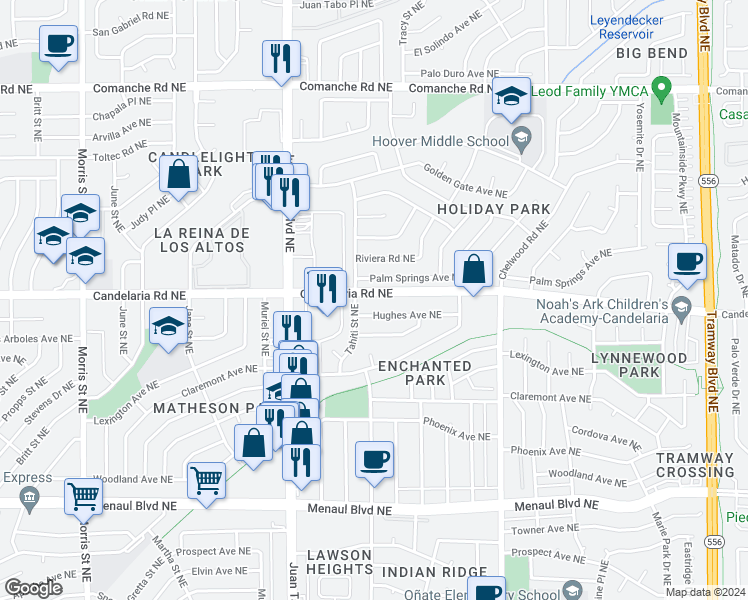 map of restaurants, bars, coffee shops, grocery stores, and more near 11508 Palm Springs Avenue Northeast in Albuquerque