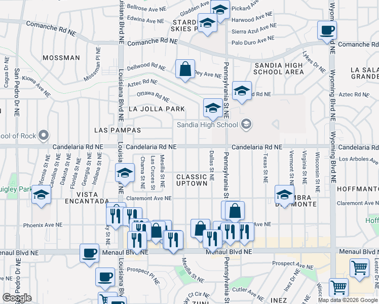 map of restaurants, bars, coffee shops, grocery stores, and more near 3000 San Pablo Street Northeast in Albuquerque