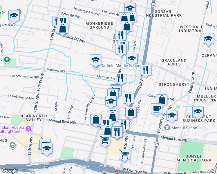 map of restaurants, bars, coffee shops, grocery stores, and more near 509 Los Arboles Avenue Northwest in Albuquerque