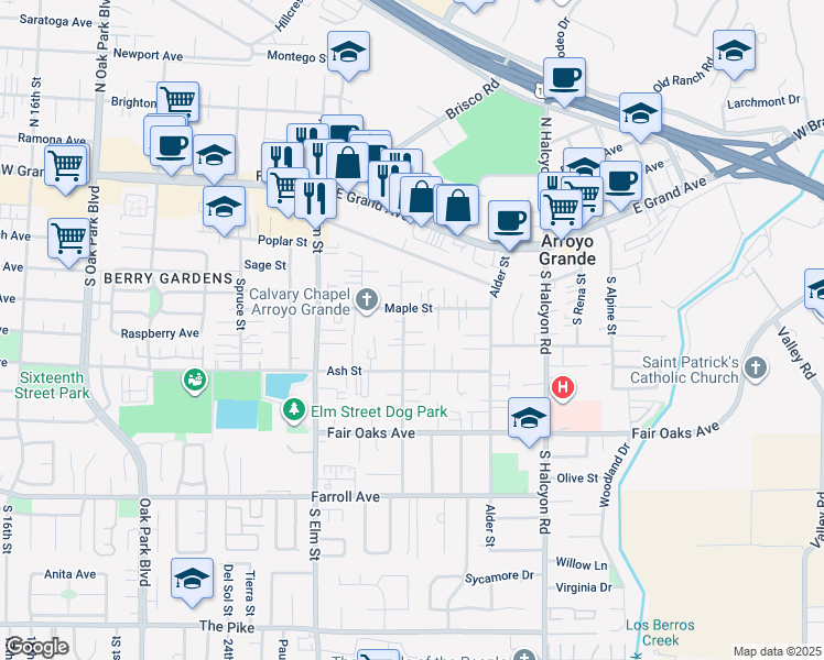 map of restaurants, bars, coffee shops, grocery stores, and more near 209 Walnut Street in Arroyo Grande