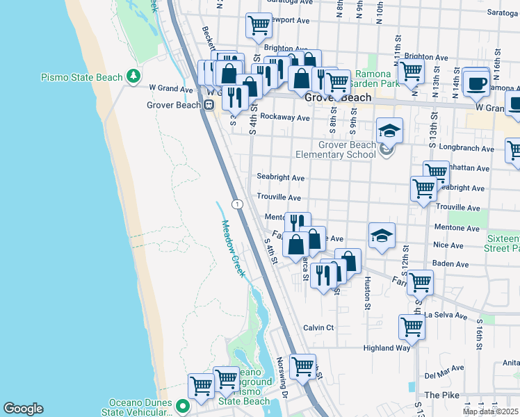 map of restaurants, bars, coffee shops, grocery stores, and more near 625 South 5th Street in Grover Beach