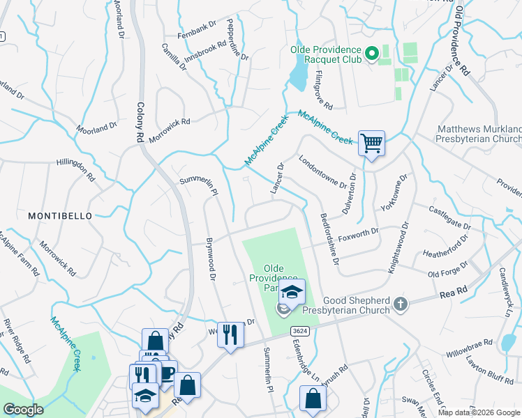 map of restaurants, bars, coffee shops, grocery stores, and more near 6511 Windyrush Road in Charlotte