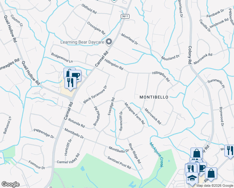 map of restaurants, bars, coffee shops, grocery stores, and more near 3226 Foxridge Road in Charlotte