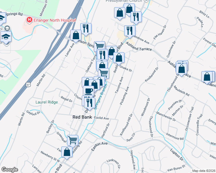 map of restaurants, bars, coffee shops, grocery stores, and more near 3719 Redding Road in Red Bank