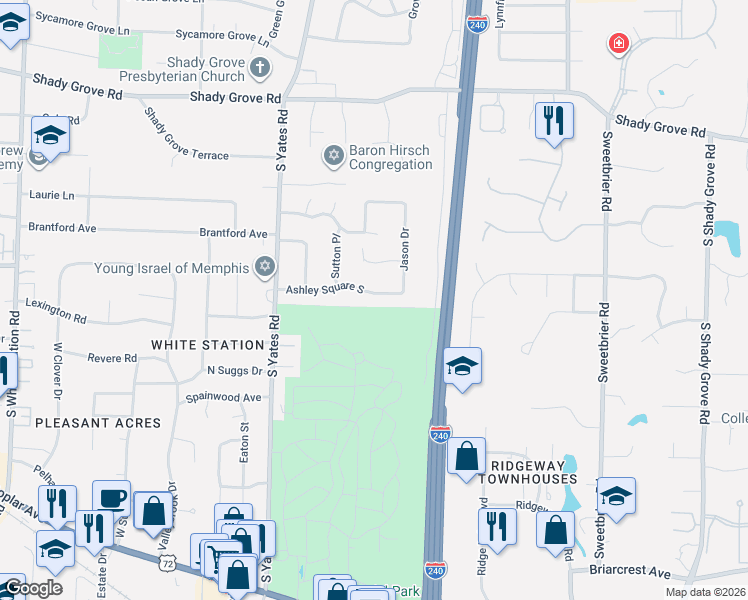 map of restaurants, bars, coffee shops, grocery stores, and more near 5684 Ashley Square South in Memphis