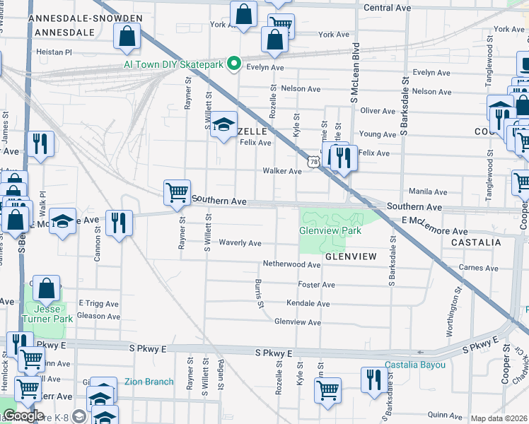 map of restaurants, bars, coffee shops, grocery stores, and more near 1070 Oakview Street in Memphis