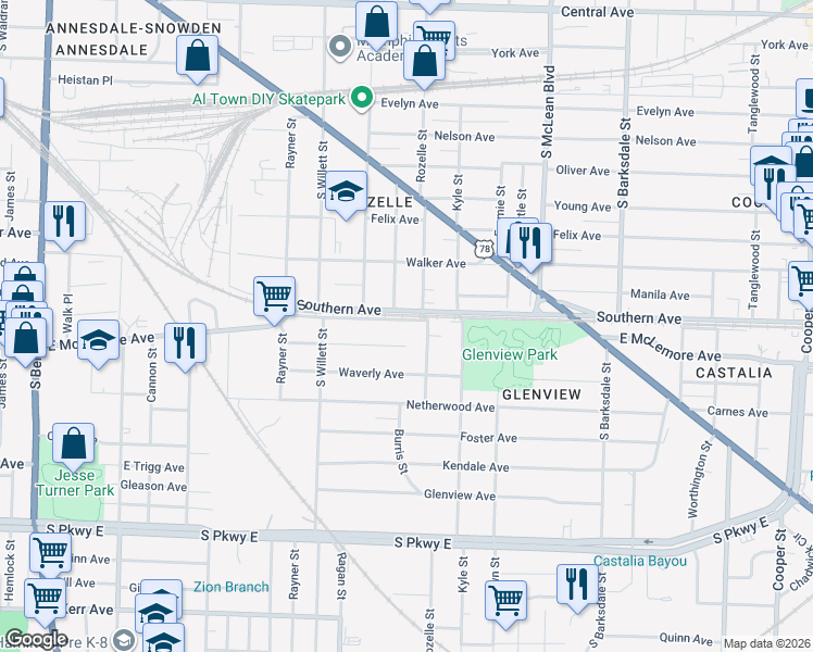 map of restaurants, bars, coffee shops, grocery stores, and more near 1068 Oakview Street in Memphis