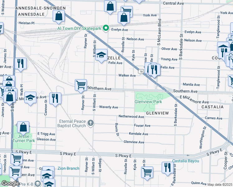 map of restaurants, bars, coffee shops, grocery stores, and more near 1068 Oakview Street in Memphis