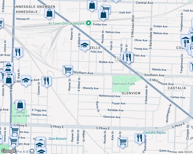 map of restaurants, bars, coffee shops, grocery stores, and more near 1068 Oakview Street in Memphis