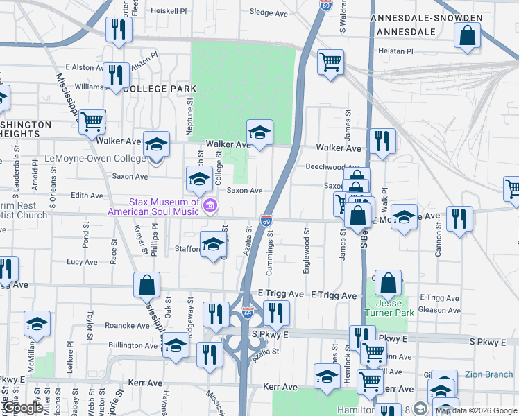 map of restaurants, bars, coffee shops, grocery stores, and more near 1109 Azalia Street in Memphis