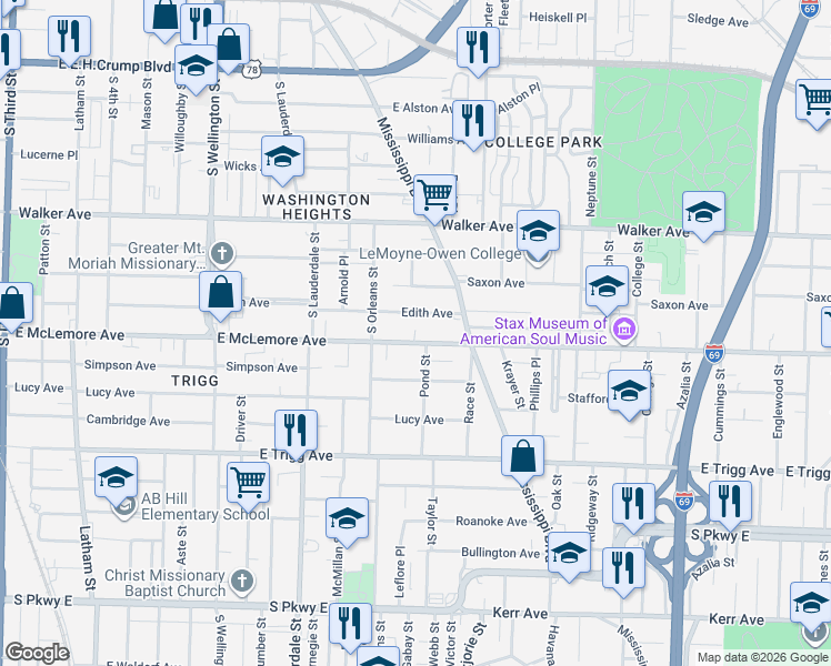 map of restaurants, bars, coffee shops, grocery stores, and more near 693 Edith Avenue in Memphis