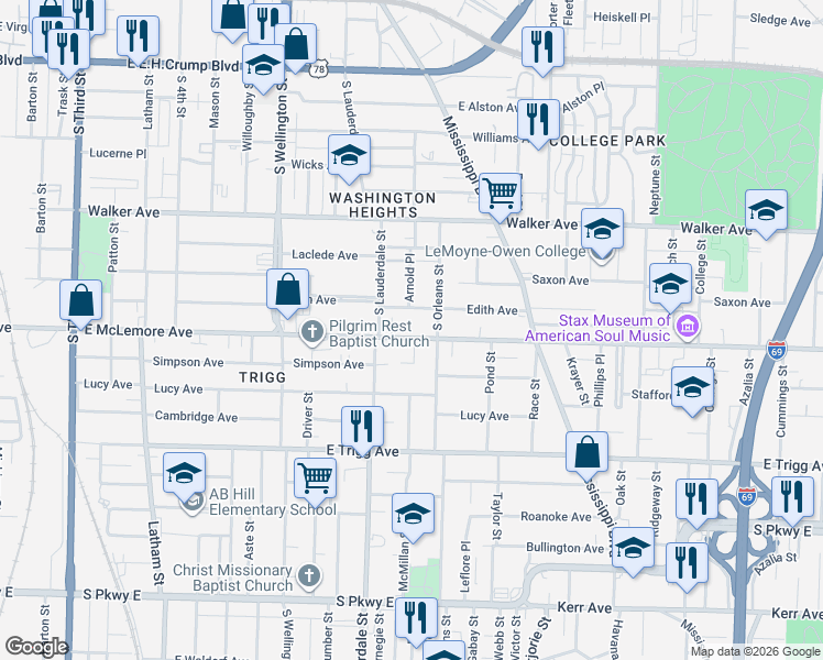 map of restaurants, bars, coffee shops, grocery stores, and more near 605 Edith Avenue in Memphis