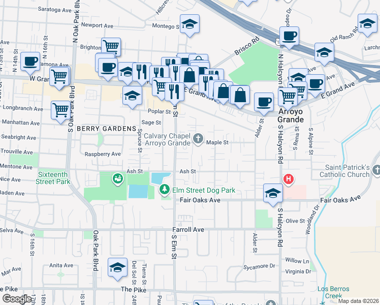 map of restaurants, bars, coffee shops, grocery stores, and more near 1133 Maple Street in Arroyo Grande