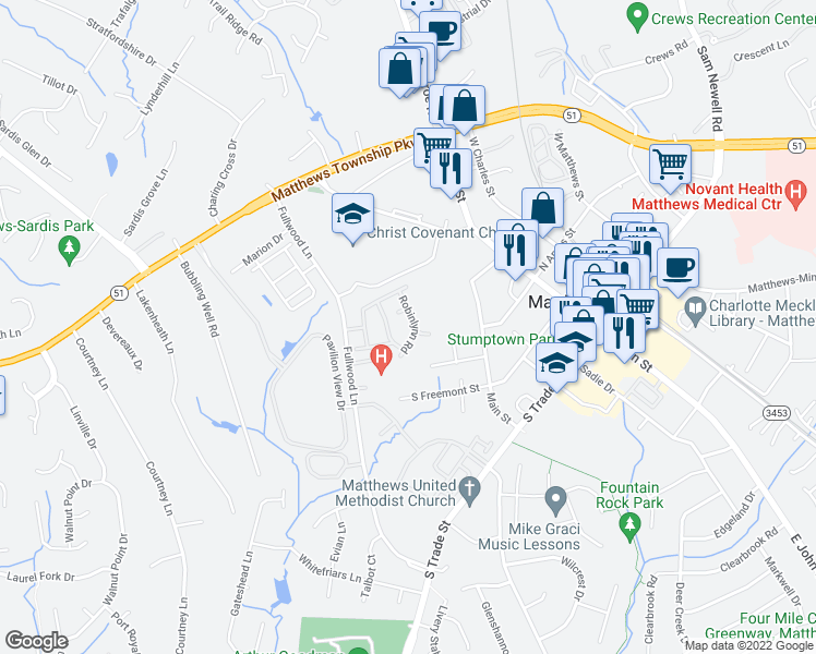 map of restaurants, bars, coffee shops, grocery stores, and more near 303 Robinlynn Road in Matthews