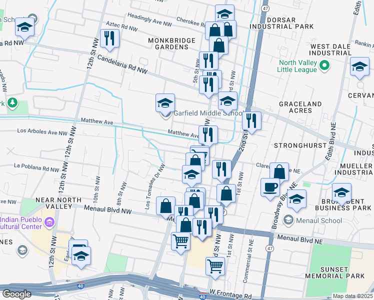 map of restaurants, bars, coffee shops, grocery stores, and more near 509 Los Arboles Avenue Northwest in Albuquerque