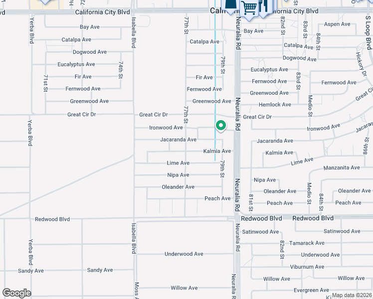 map of restaurants, bars, coffee shops, grocery stores, and more near Kalmia Avenue in California City