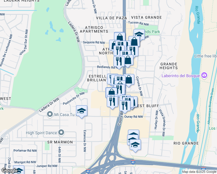 map of restaurants, bars, coffee shops, grocery stores, and more near 2848 Quail Pointe Drive Northwest in Albuquerque