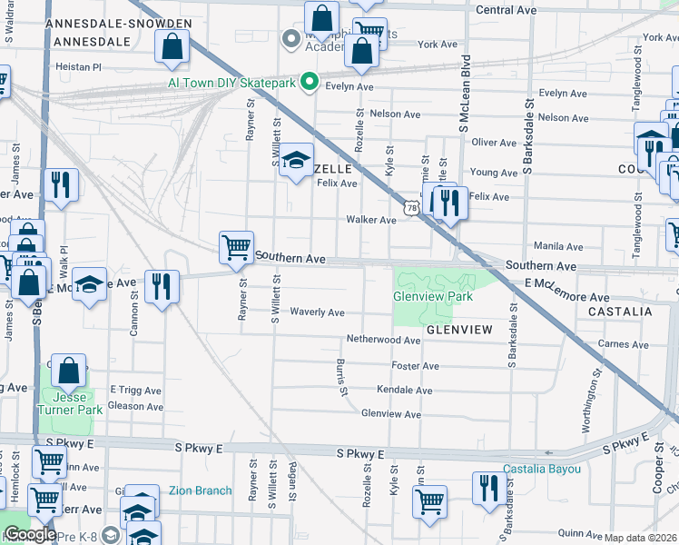 map of restaurants, bars, coffee shops, grocery stores, and more near 1070 Oakview Street in Memphis