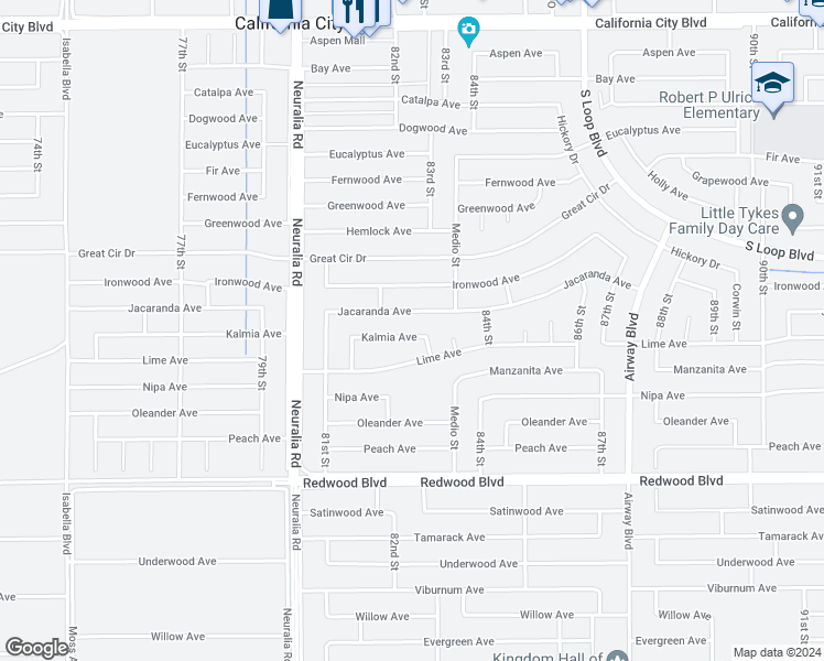 map of restaurants, bars, coffee shops, grocery stores, and more near 8237 Kalmia Avenue in California City