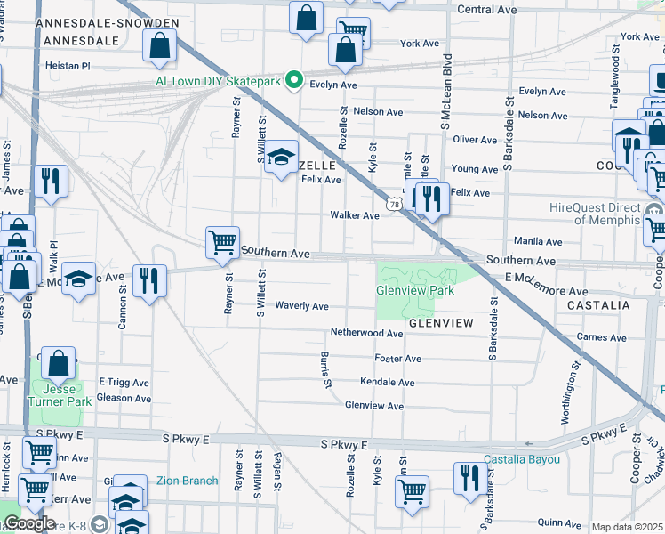 map of restaurants, bars, coffee shops, grocery stores, and more near 1068 Oakview Street in Memphis