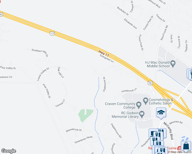 map of restaurants, bars, coffee shops, grocery stores, and more near 303 Augusta Court in New Bern