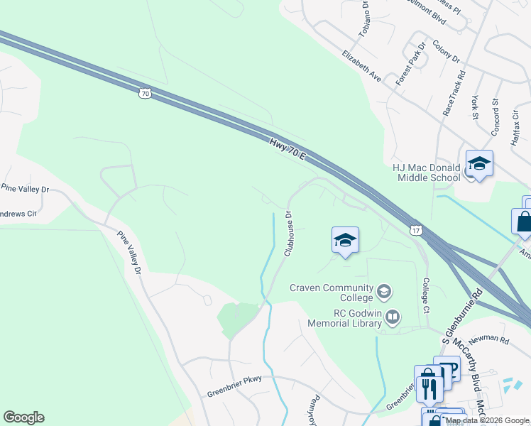 map of restaurants, bars, coffee shops, grocery stores, and more near 303 Augusta Court in New Bern