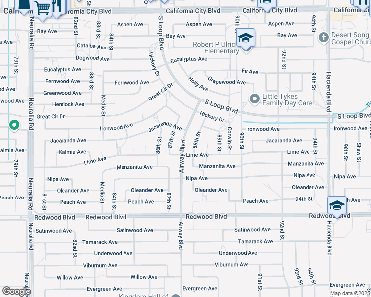 map of restaurants, bars, coffee shops, grocery stores, and more near 20312 Airway Boulevard in California City