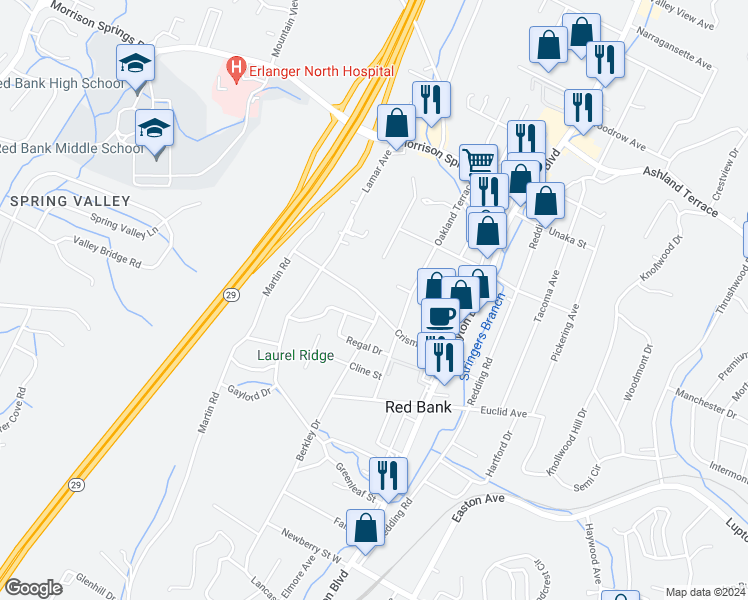 map of restaurants, bars, coffee shops, grocery stores, and more near 215 Crisman Street in Chattanooga