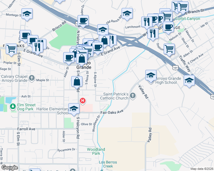 map of restaurants, bars, coffee shops, grocery stores, and more near 582 Newman Drive in Arroyo Grande