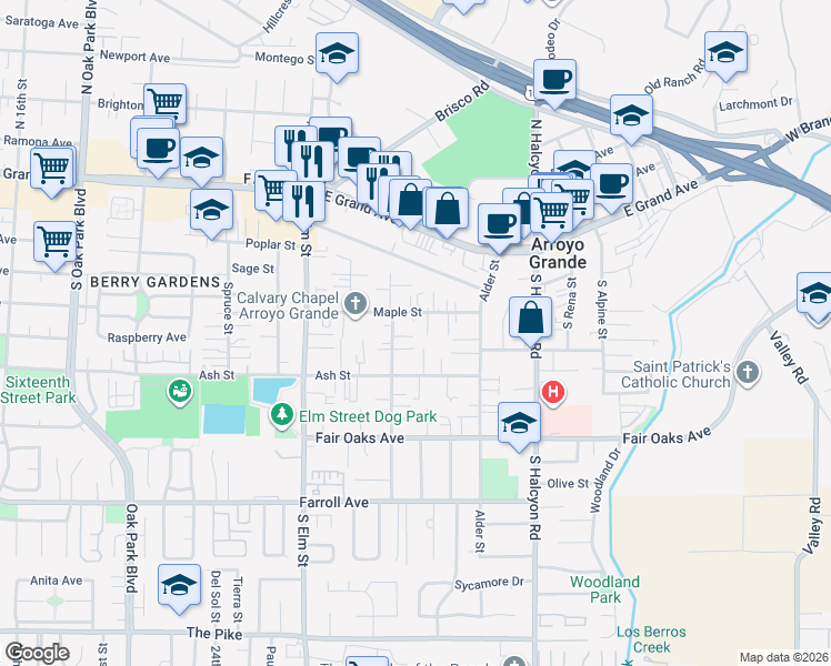 map of restaurants, bars, coffee shops, grocery stores, and more near 245 Walnut Street in Arroyo Grande