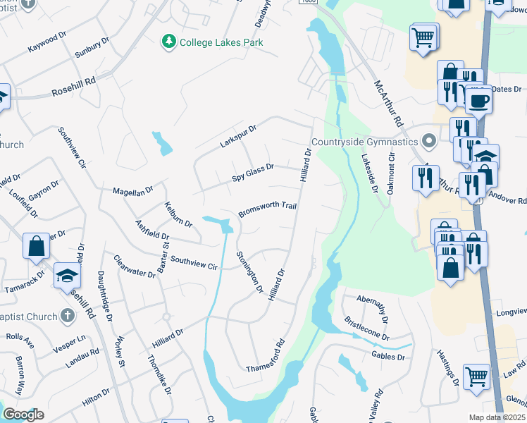 map of restaurants, bars, coffee shops, grocery stores, and more near 621 Bromsworth Trail in Fayetteville