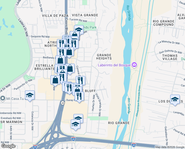 map of restaurants, bars, coffee shops, grocery stores, and more near 3005 Vista Grande Drive Northwest in Albuquerque