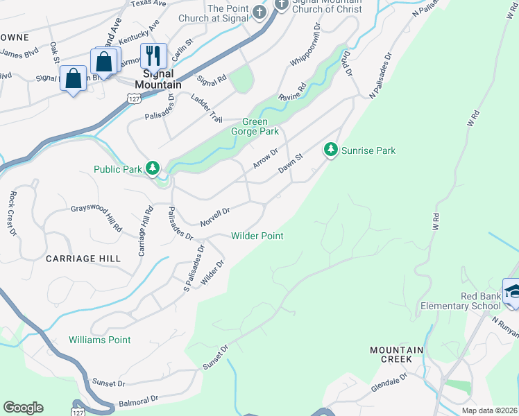 map of restaurants, bars, coffee shops, grocery stores, and more near 139 Robin Hood Trail in Signal Mountain
