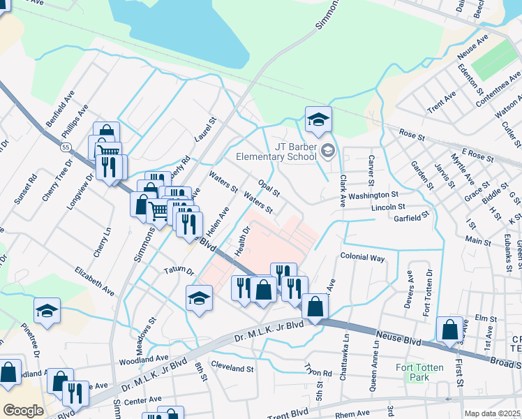 map of restaurants, bars, coffee shops, grocery stores, and more near 2007 Waters Street in New Bern
