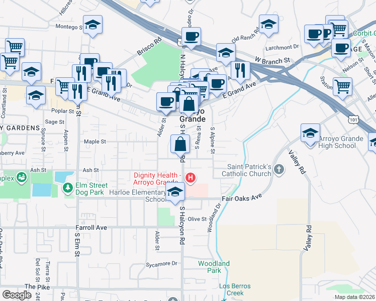 map of restaurants, bars, coffee shops, grocery stores, and more near 207 South Halcyon Road in Arroyo Grande
