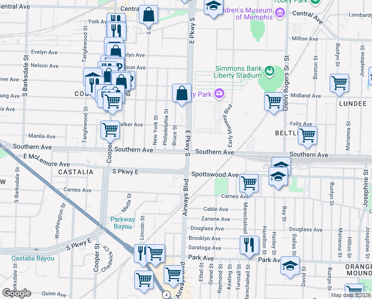 map of restaurants, bars, coffee shops, grocery stores, and more near 1063 East Parkway South in Memphis