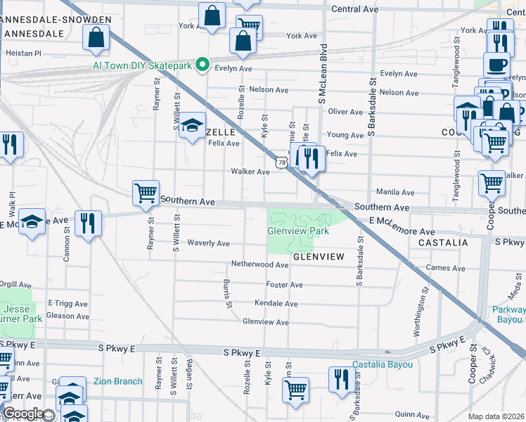 map of restaurants, bars, coffee shops, grocery stores, and more near 1729 Holman Place in Memphis
