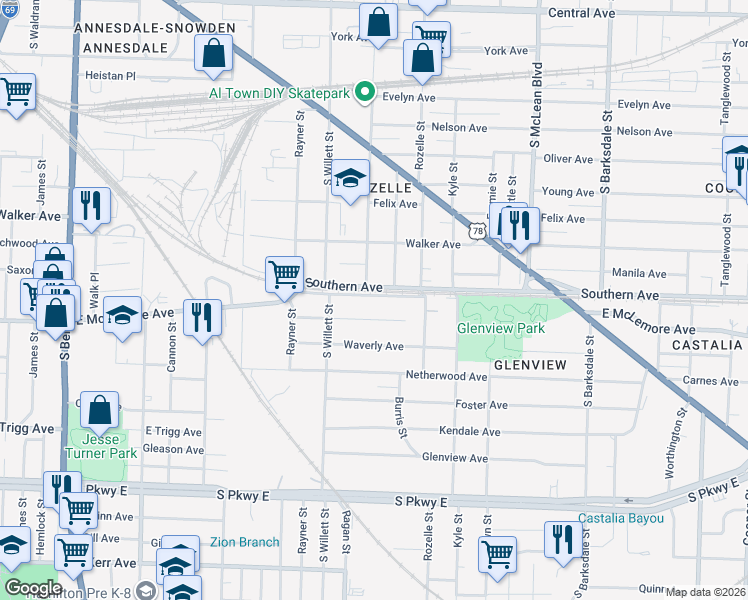 map of restaurants, bars, coffee shops, grocery stores, and more near 1596 Southern Avenue in Memphis